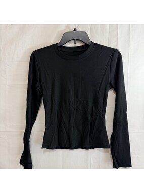 Women’s Black Ribbed Long Sleeve Crewneck Stretch T-Shirt Small